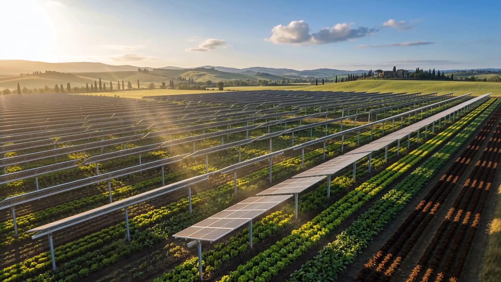 Impianto agrivoltaico con coltivazioni tra le file di moduli fotovoltaici in un paesaggio collinare