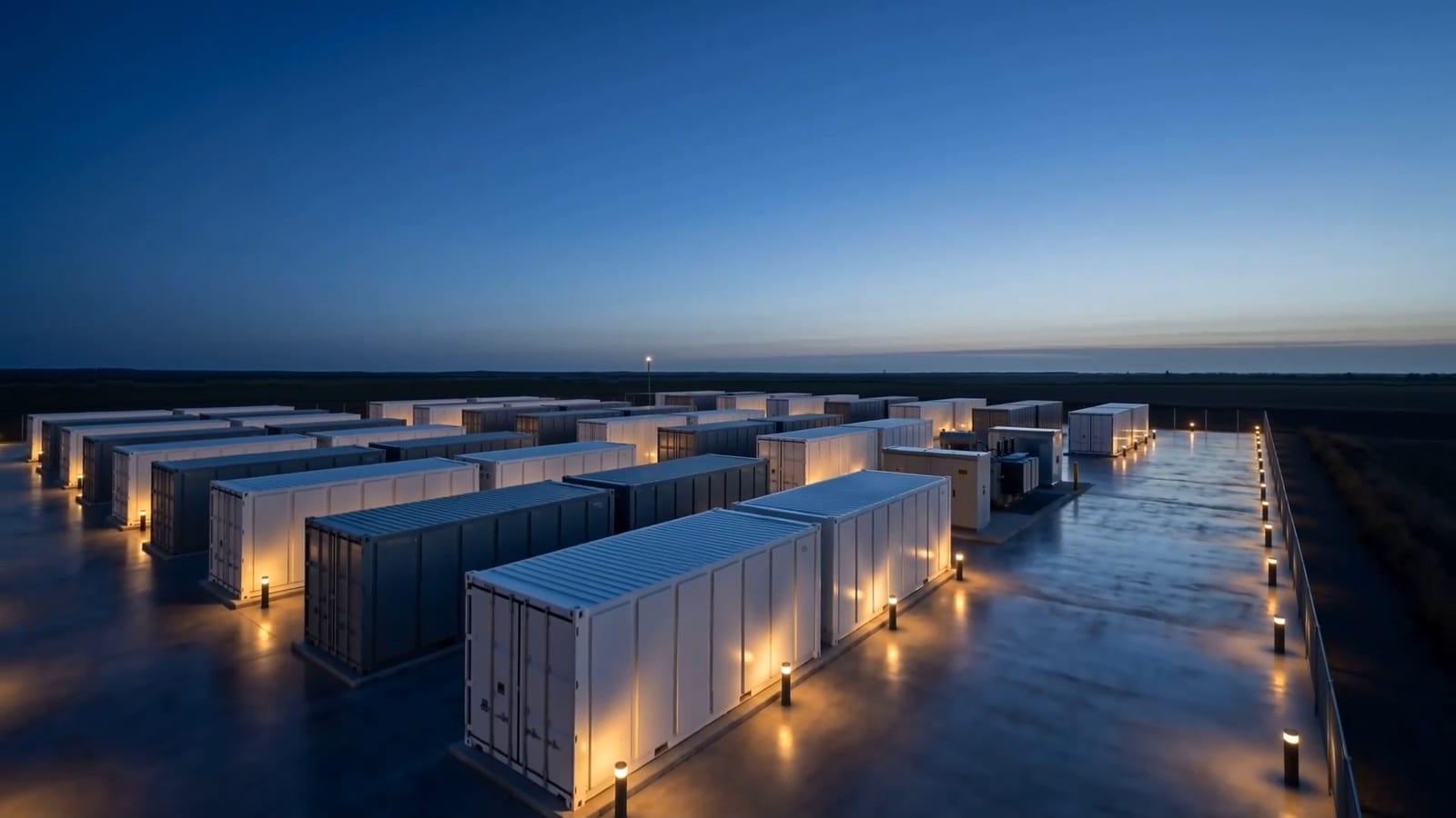 Sistema di accumulo a batterie (BESS) con container illuminati al crepuscolo