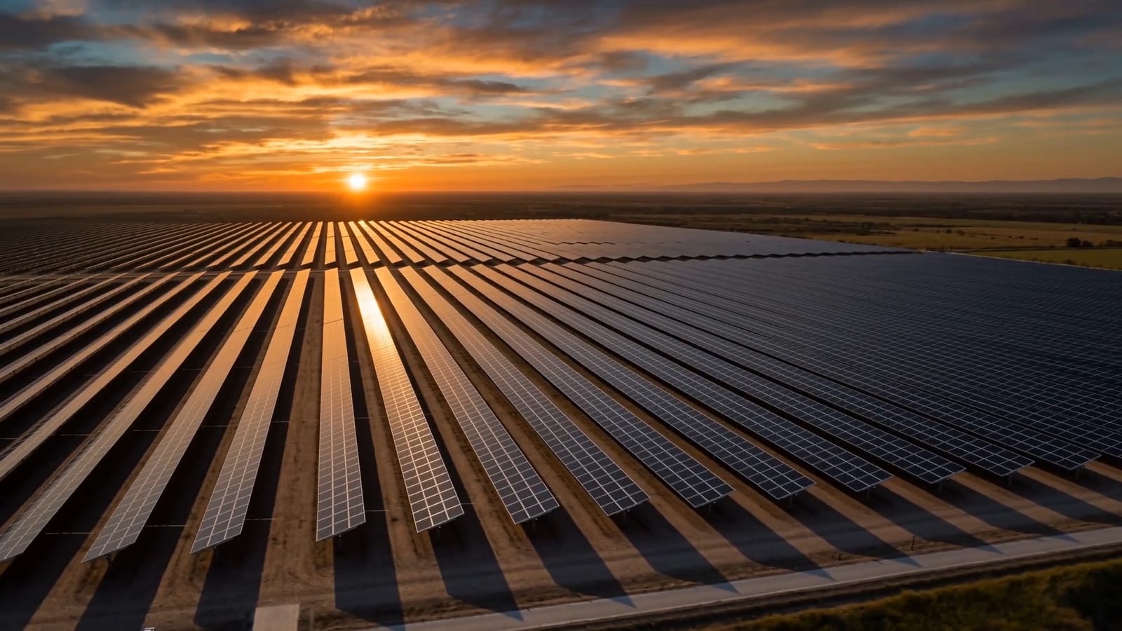 Vista aerea di un grande impianto fotovoltaico a terra al tramonto